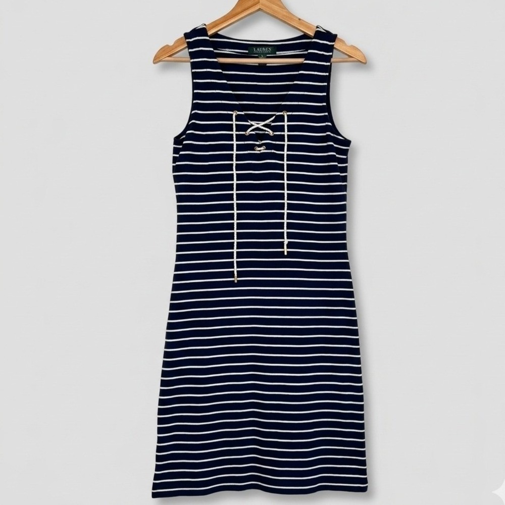 Lauren Ralph Lauren Navy White Striped Lace Up Cotton Knit Dress Nautical Preppy